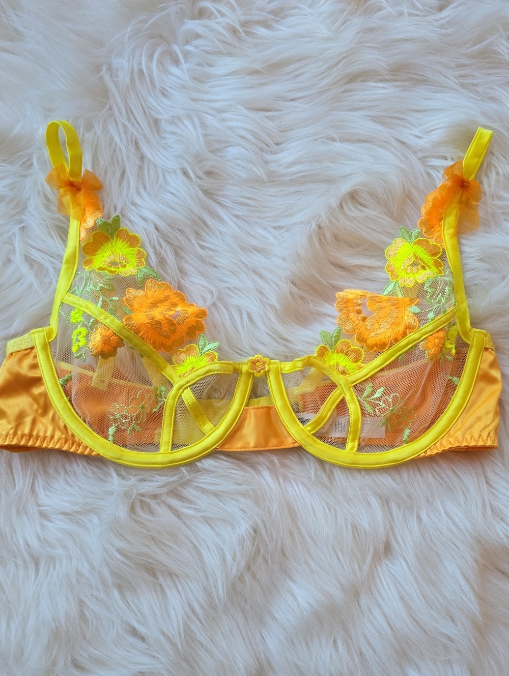 For Love & Lemons Neon Yellow Orange Floral Embroidered Underwire Bra SIZE 34B